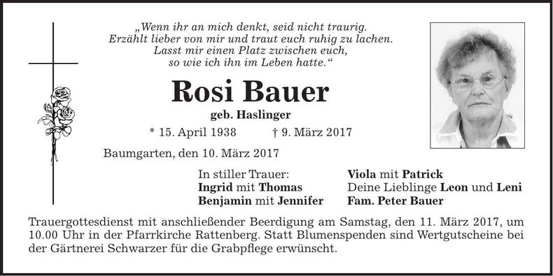 Traueranzeige Rosi Bauer