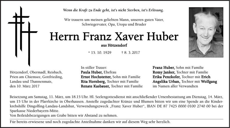 Traueranzeige Franz Xaver Huber