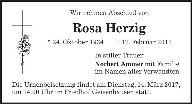 Traueranzeige Rosa Herzig
