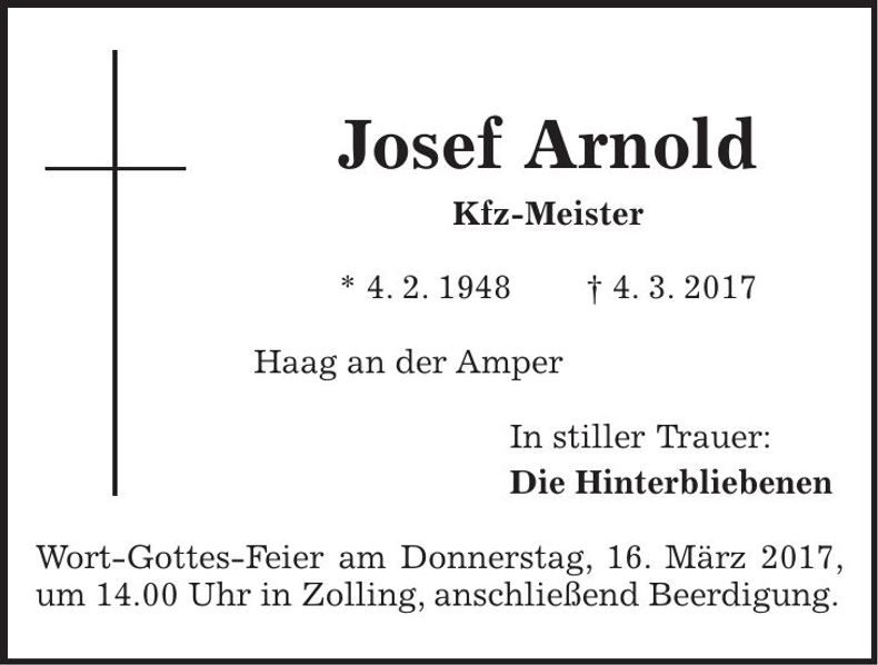 Traueranzeige Josef Arnold