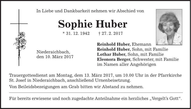 Traueranzeige Sophie Huber