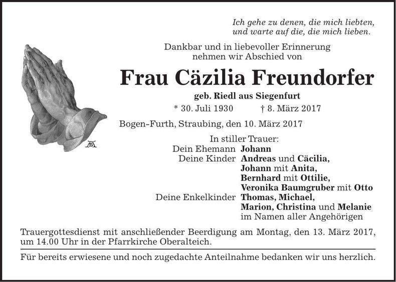 Traueranzeige Cäzilia Freundorfer