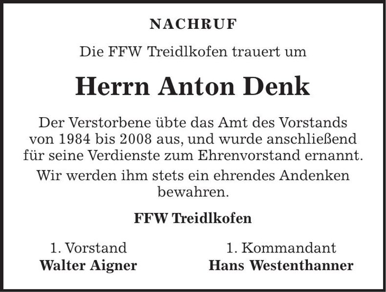 Traueranzeige Anton Denk