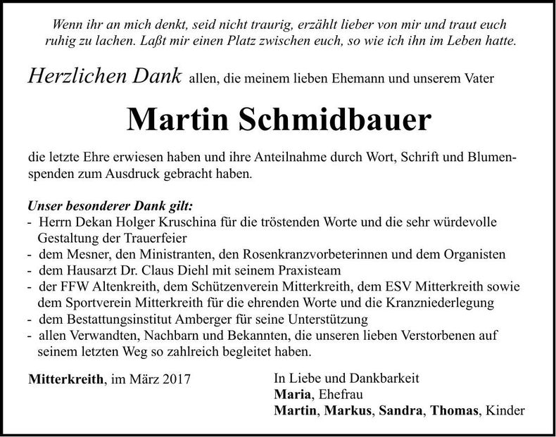 Traueranzeige Martin Schmidbauer