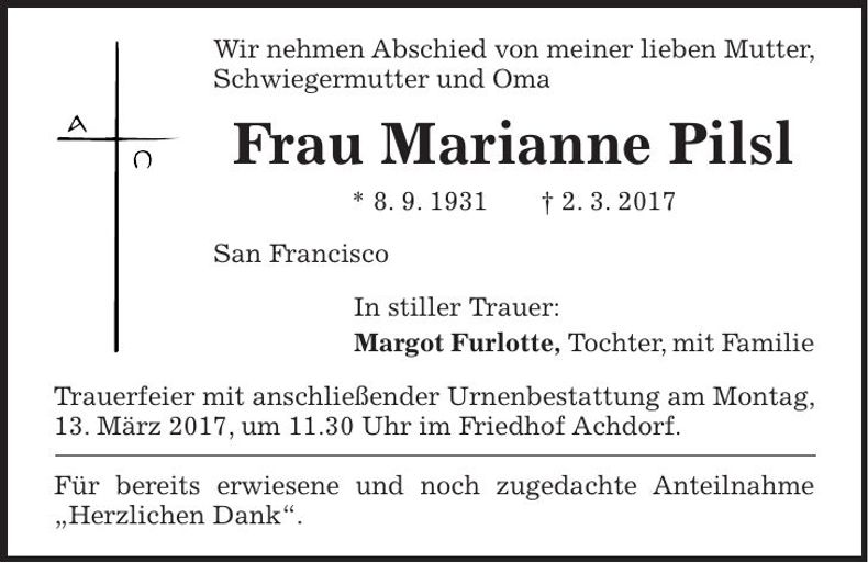Traueranzeige Marianne Pilsl