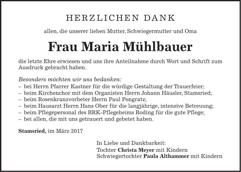 Traueranzeige Maria Mühlbauer