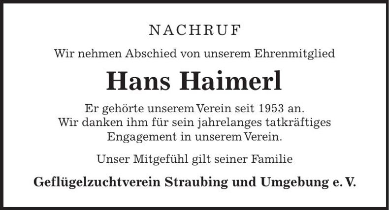 Traueranzeige Hans Haimerl