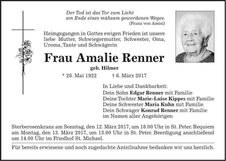 Traueranzeige Amalie Renner