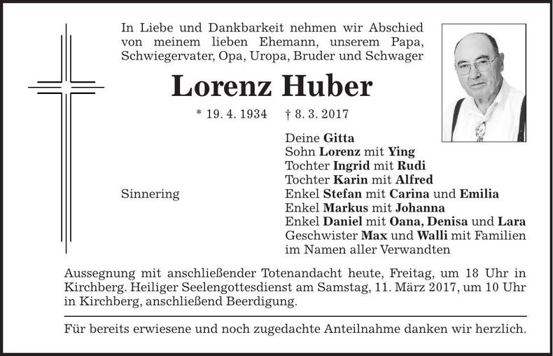 Traueranzeige Lorenz Huber