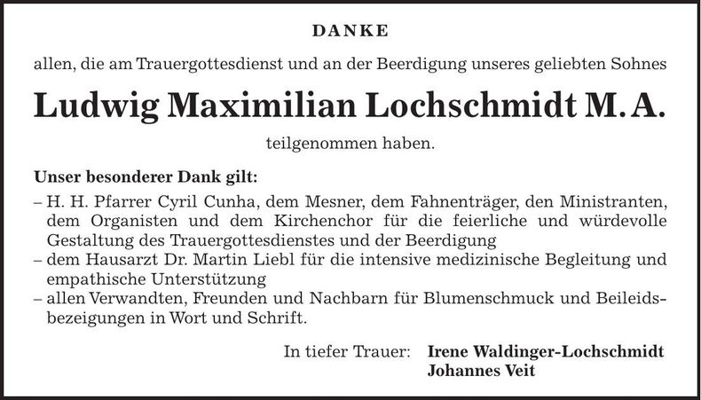 Traueranzeige Ludwig Maximilian Lochschmidt