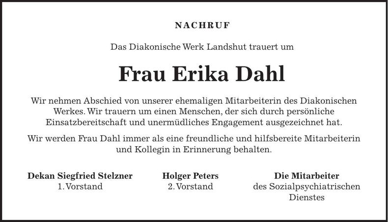 Traueranzeige Erika Dahl