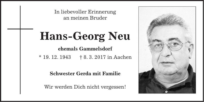 Traueranzeige Hans-Georg Neu