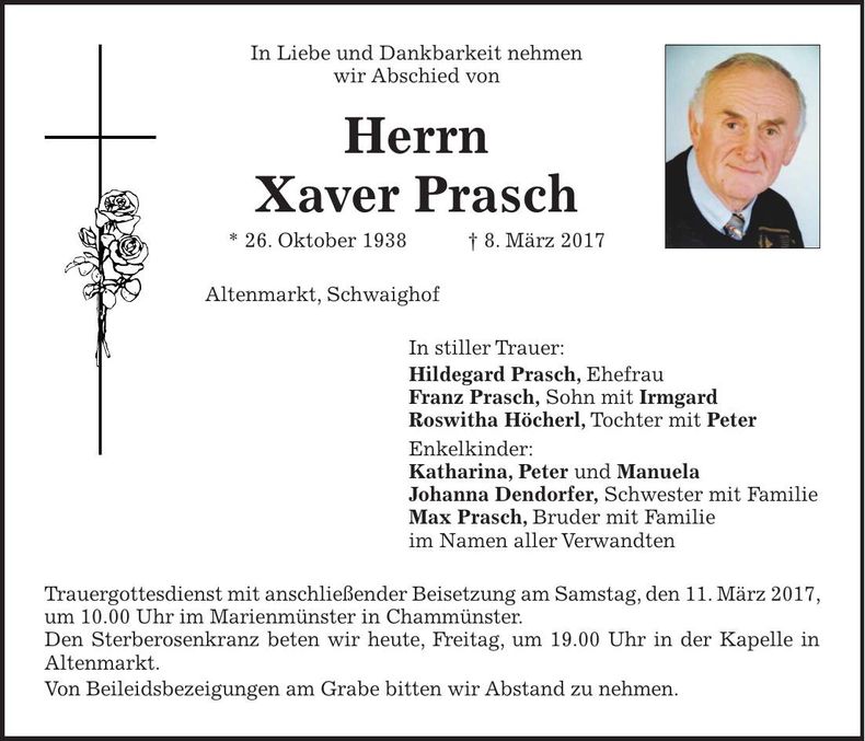 Traueranzeige Xaver Prasch