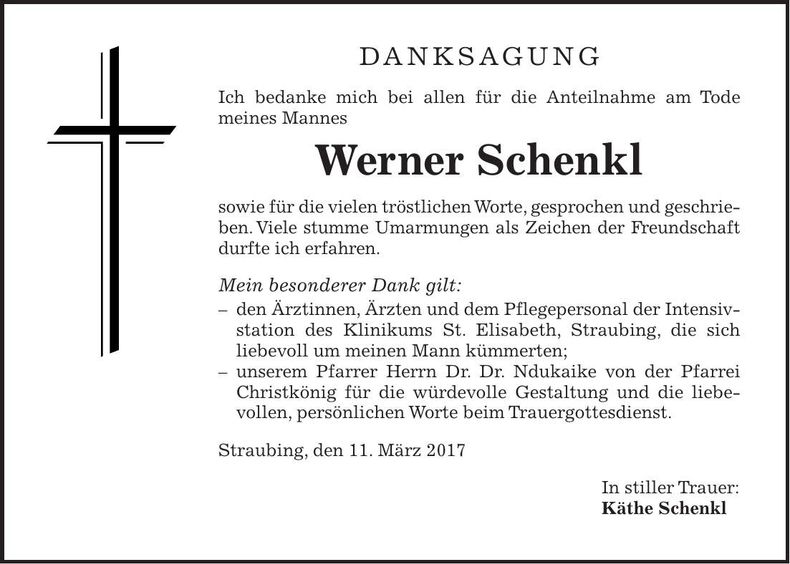 Traueranzeige Werner Schenkl