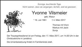 Traueranzeige Yvonne Vilsmeier