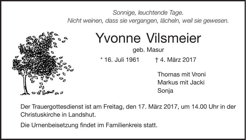 Traueranzeige Yvonne Vilsmeier