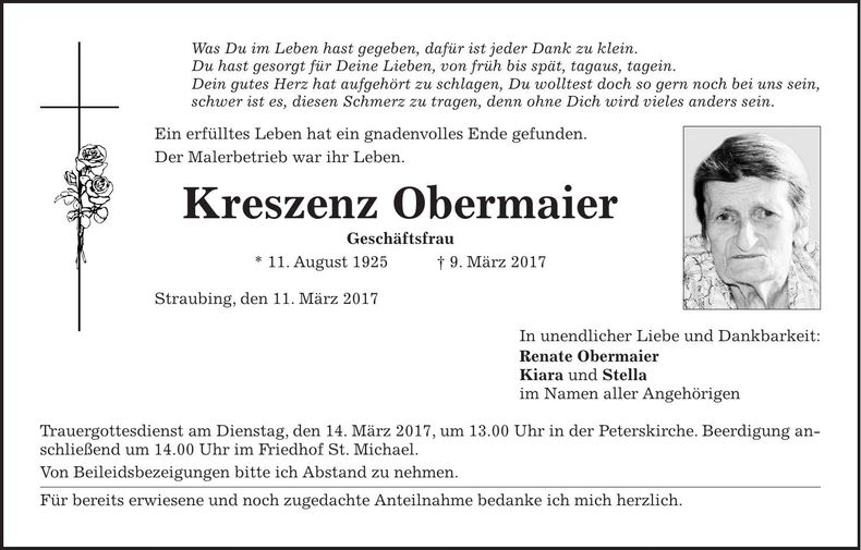 Traueranzeige Kreszenz Obermaier