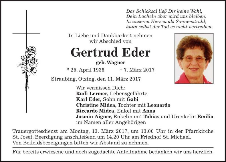 Traueranzeige Gertrud Eder