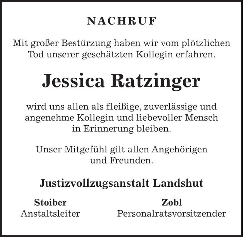 Traueranzeige Jessica Ratzinger