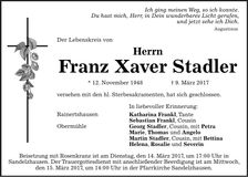 Traueranzeige Xaver Stadler