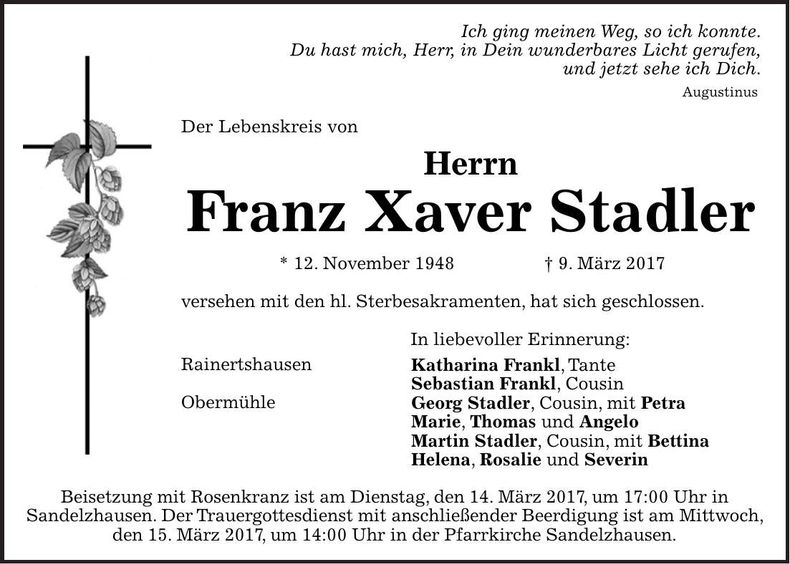 Traueranzeige Xaver Stadler