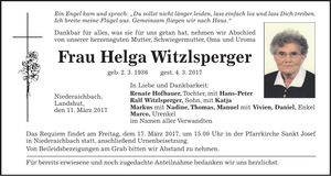 Traueranzeige Helga Witzlsperger