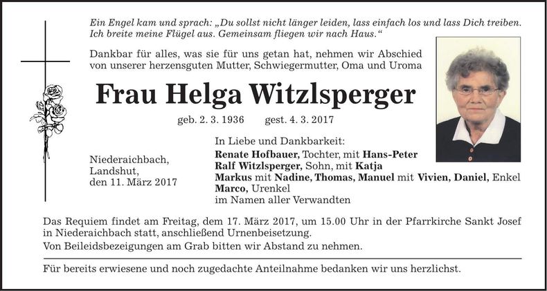 Traueranzeige Helga Witzlsperger