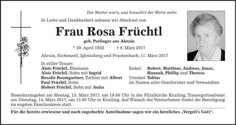 Traueranzeige Rosa Früchtl