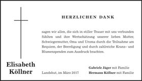 Traueranzeige Elisabeth Köllner