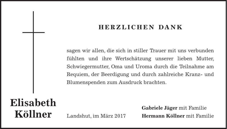 Traueranzeige Elisabeth Köllner