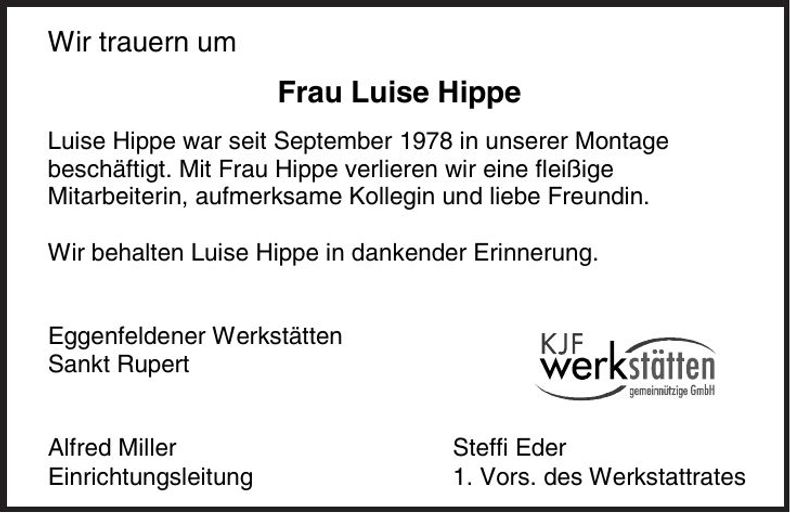 Traueranzeige Luise Hippe