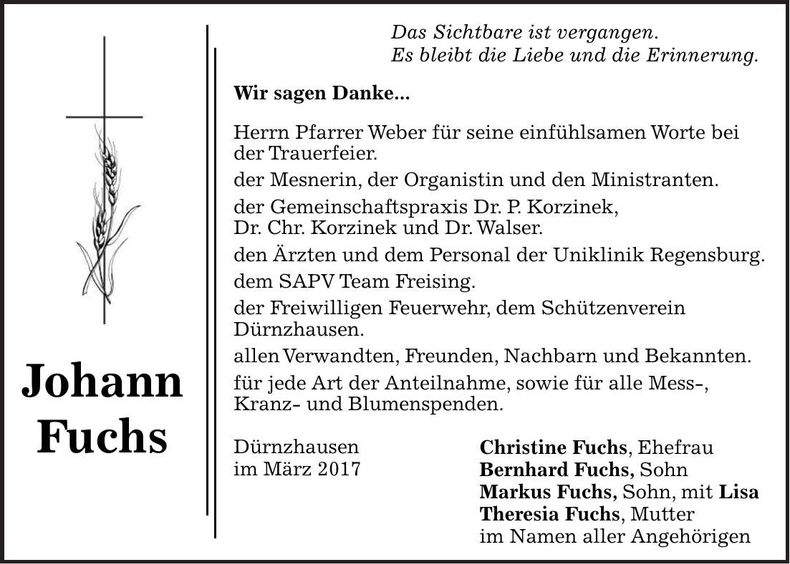 Traueranzeige Johann Fuchs