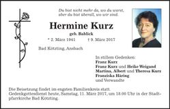 Traueranzeige Hermine Kurz