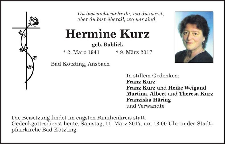 Traueranzeige Hermine Kurz