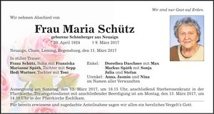 Traueranzeige Maria Schütz