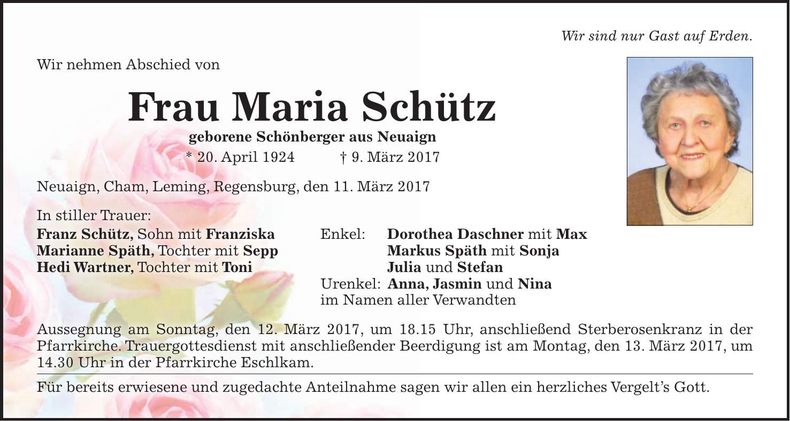Traueranzeige Maria Schütz