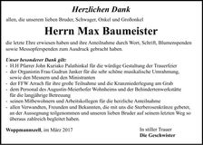 Traueranzeige Max Baumeister