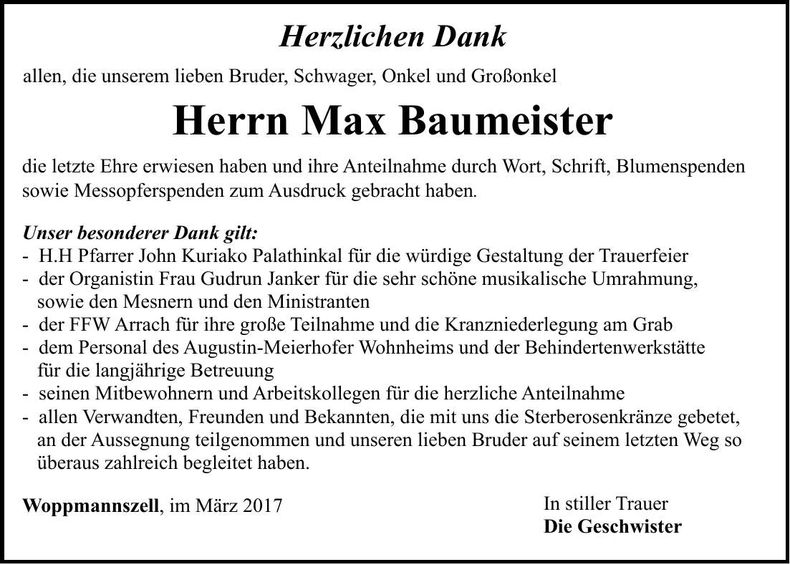 Traueranzeige Max Baumeister