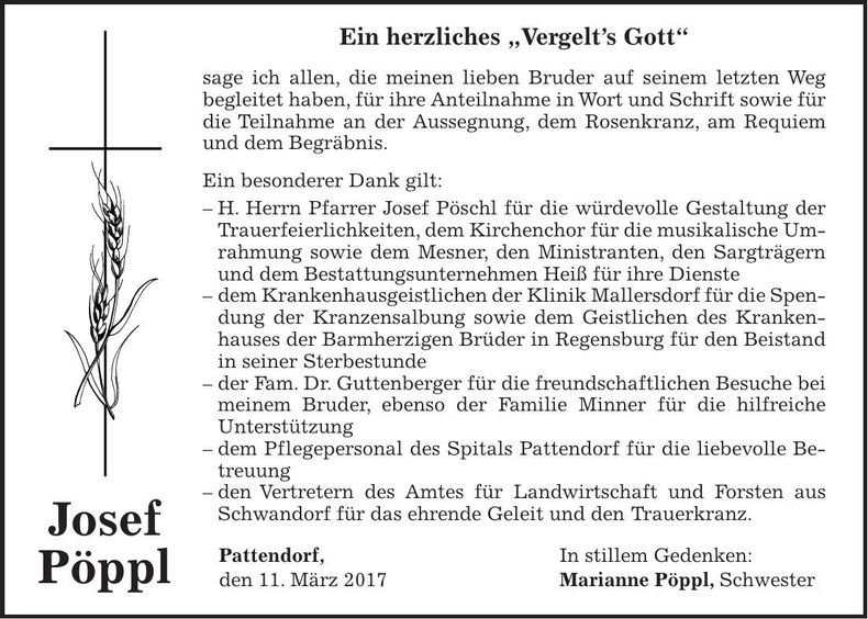 Traueranzeige Josef Pöppl