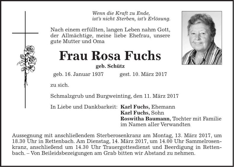 Traueranzeige Fuchs Rosa