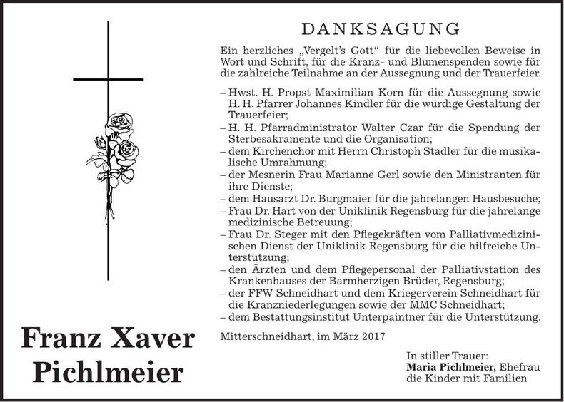 Traueranzeige Franz Xaver Pichlmeier