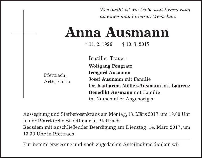 Traueranzeige Anna Ausmann