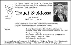 Traueranzeige Traudi Stoklossa