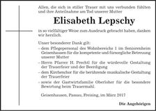 Traueranzeige Elisabeth Lepschy