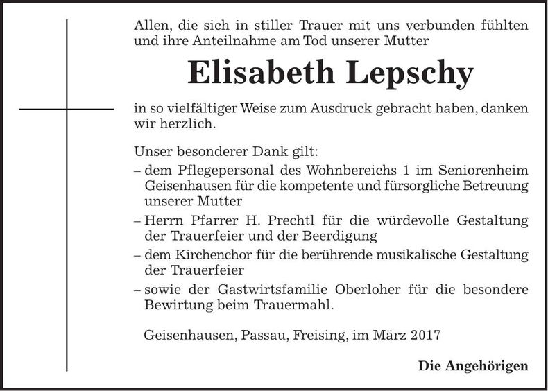 Traueranzeige Elisabeth Lepschy