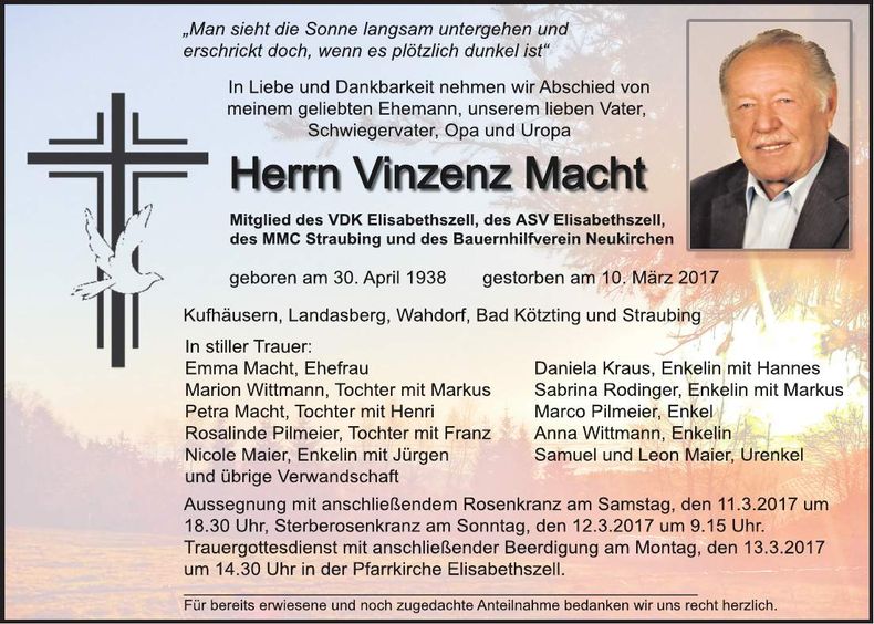 Traueranzeige Vinzenz Macht