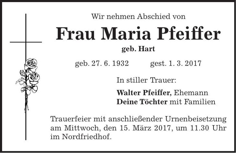 Traueranzeige Maria Pfeiffer
