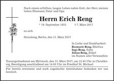 Traueranzeige Erich Reng
