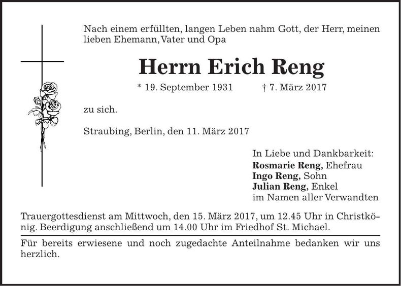 Traueranzeige Erich Reng