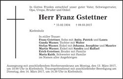 Traueranzeige Franz Gstettner